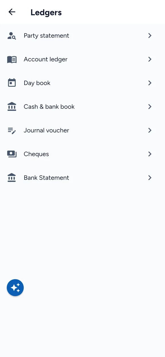 The 24eTax ledgers menu on a phone: party statement, account ledger, day book, cash and bank book, journal voucher, cheques and bank statement